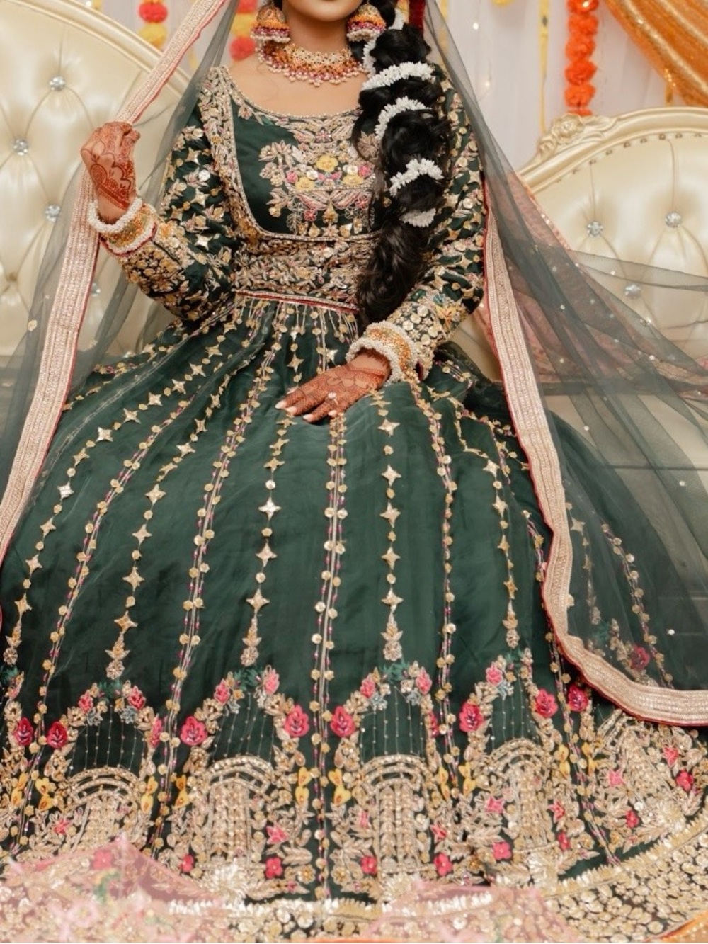 Embroidered Dark Green Long Sleeve Bridal Dress with Pink & Gold Accents
